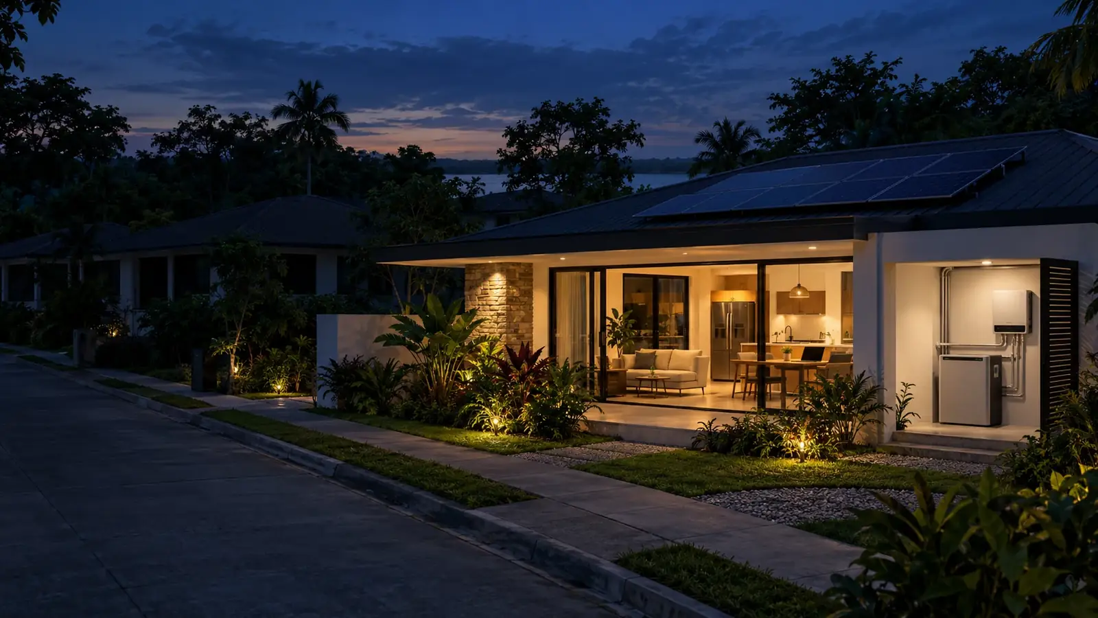 Hogar iluminado durante la noche con paneles solares, inversor y batería instalados