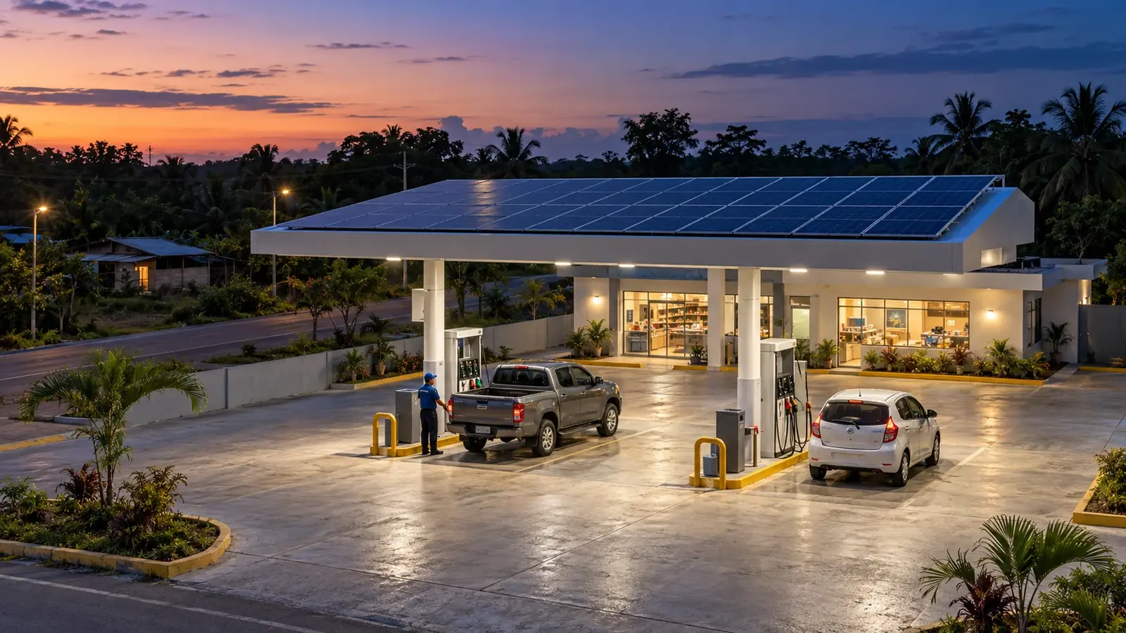 Escena conceptual de una gasolinera con paneles solares sobre la cubierta y atención al anochecer en un entorno tropical