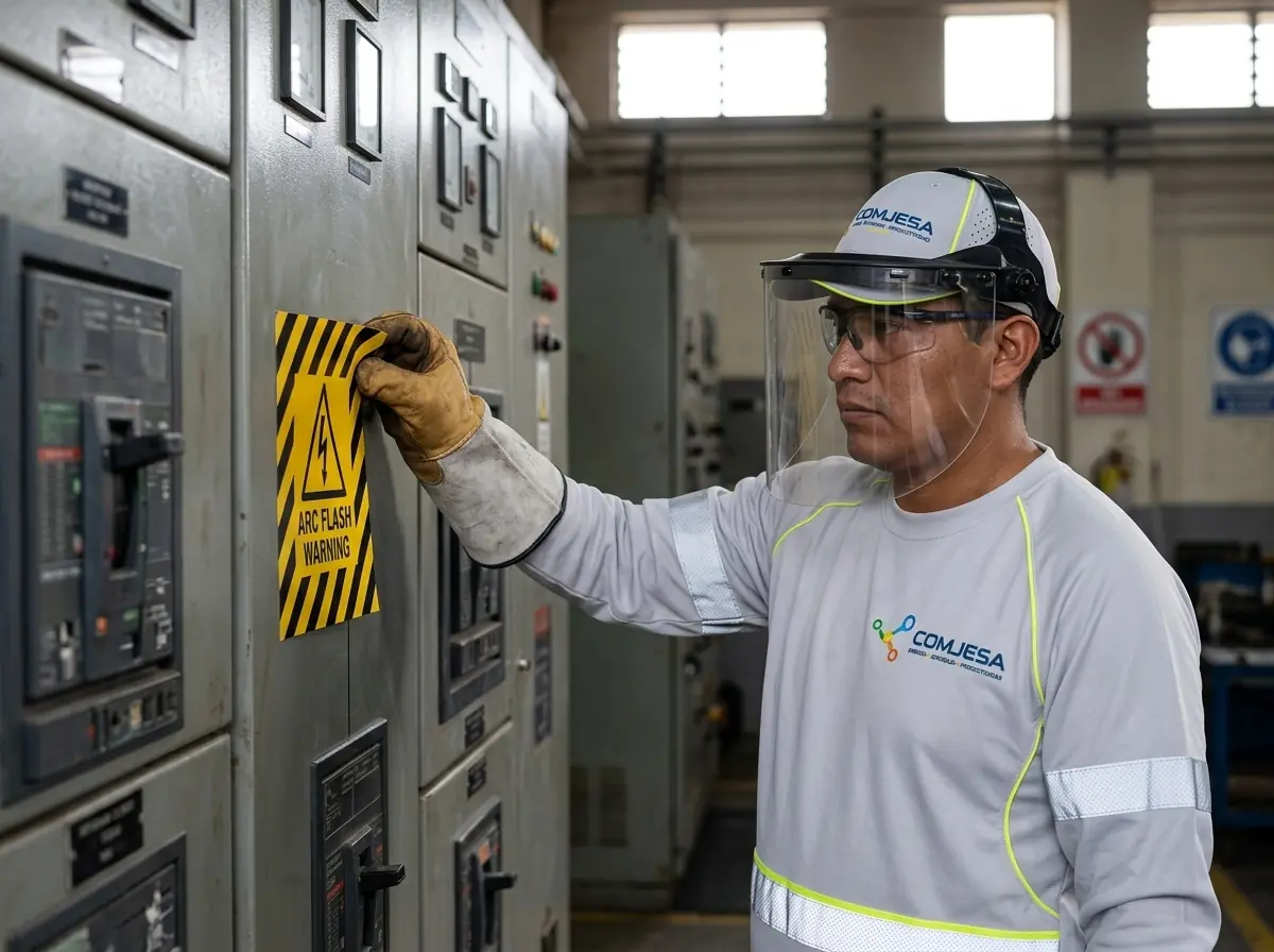 Técnico de COMJESA con careta y guantes colocando una etiqueta de arco eléctrico en un tablero