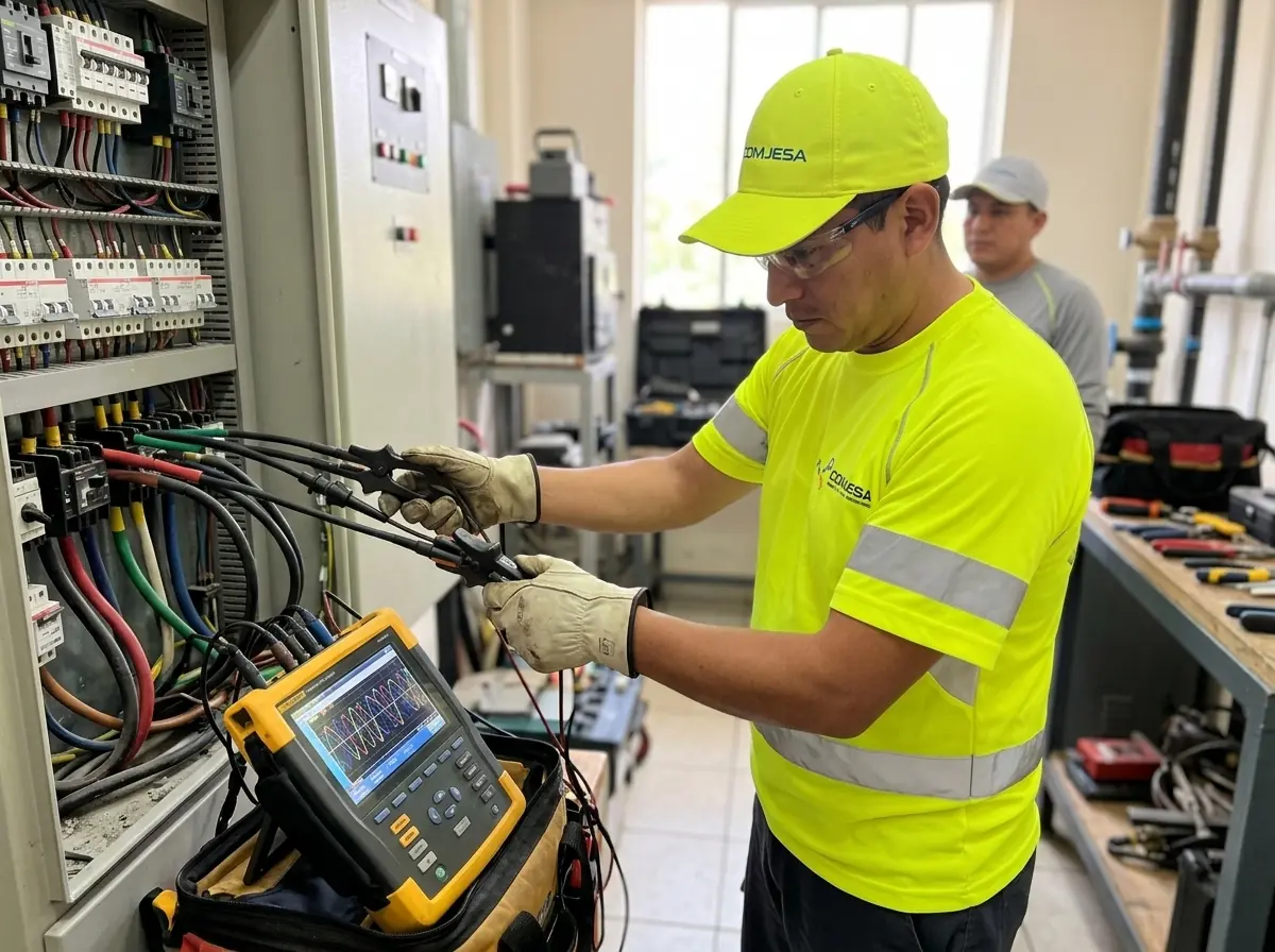 Técnico con uniforme amarillo de COMJESA conectando un analizador de calidad de energía a un tablero