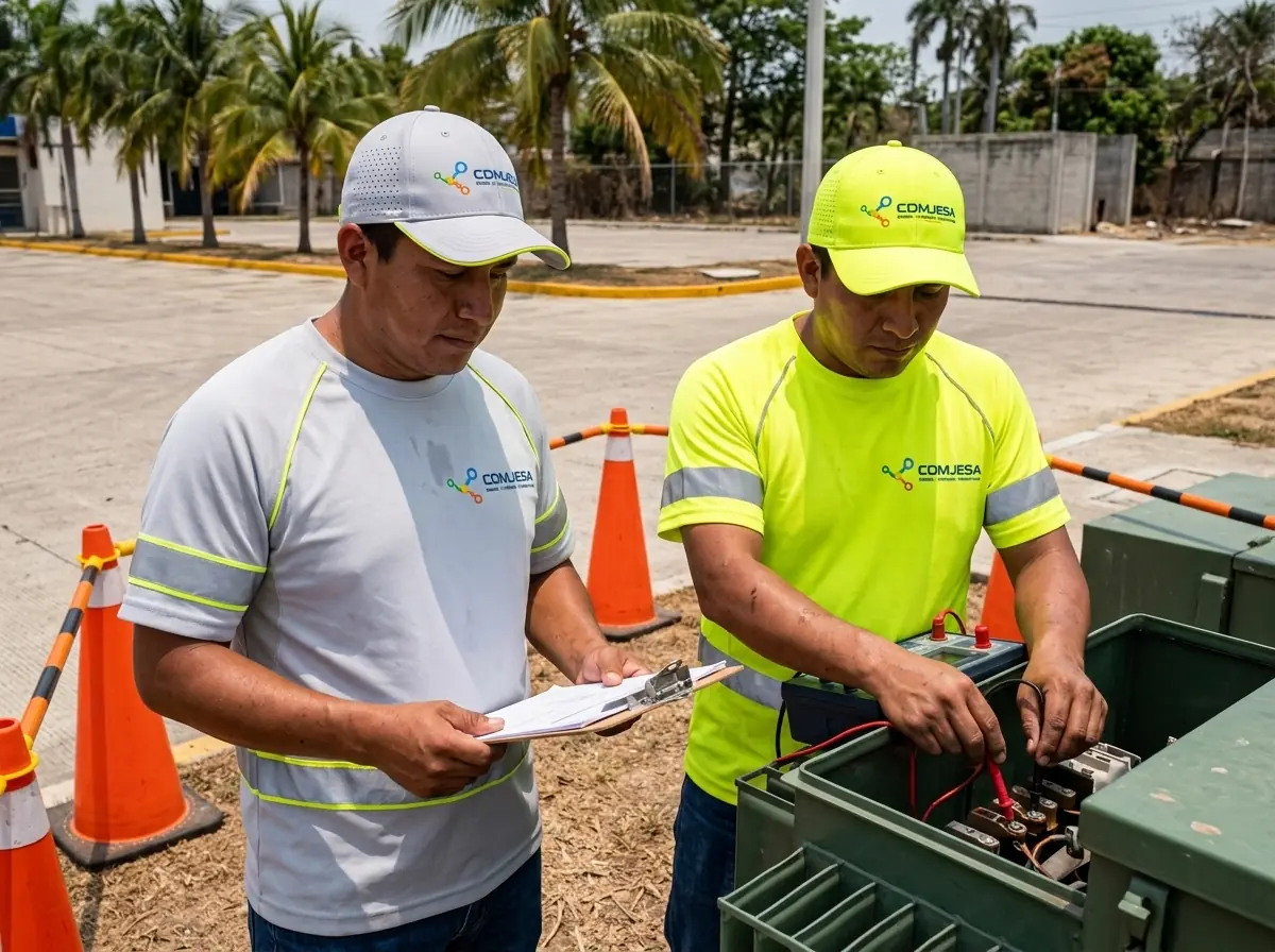 Dos técnicos de COMJESA, uno con uniforme gris y otro amarillo, revisando un transformador tipo pedestal