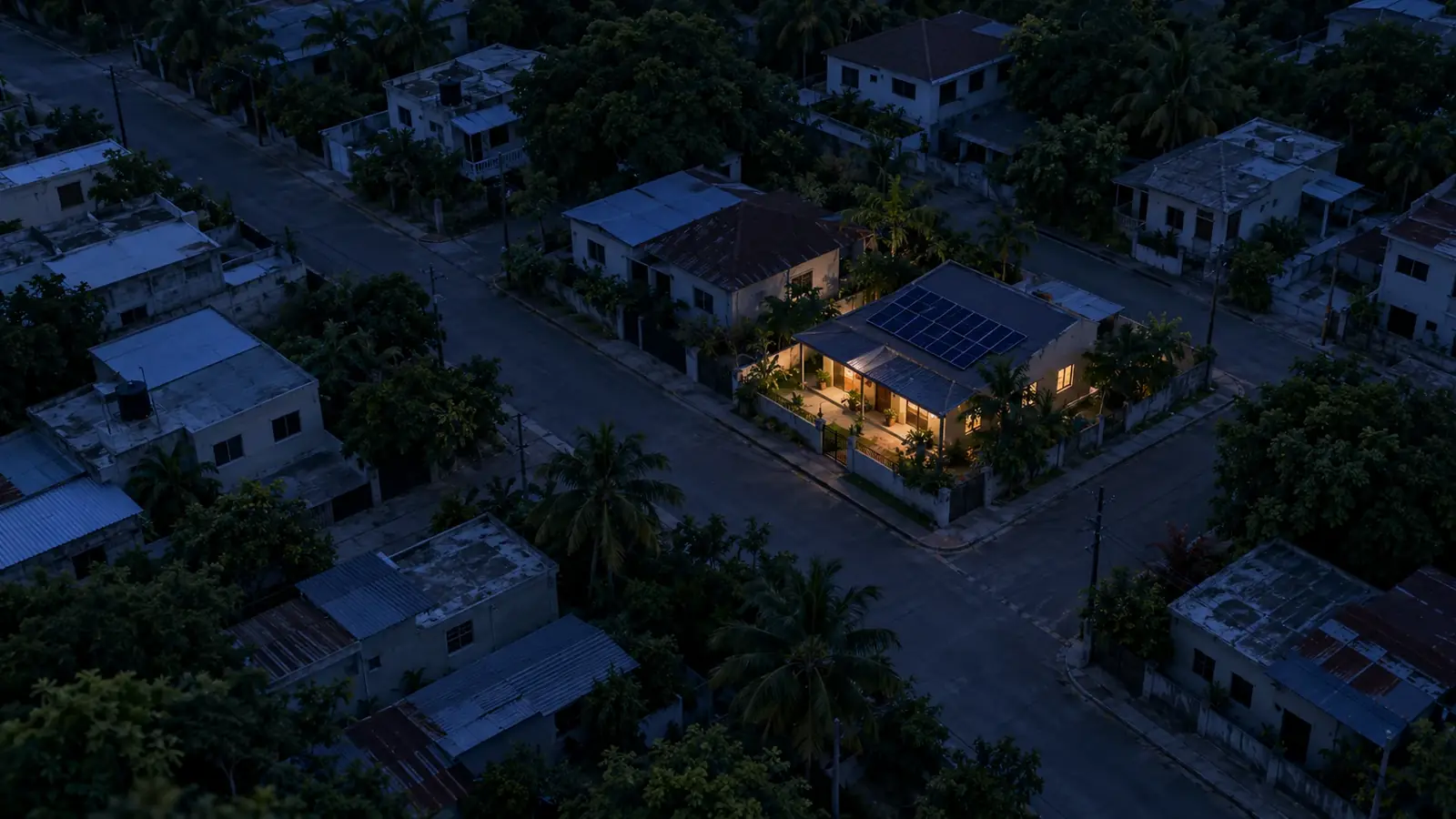 Vista aérea conceptual de un sector residencial sin luz, con una vivienda que conserva iluminación mediante respaldo